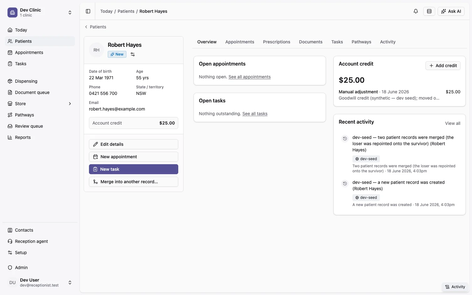 The PatientOS patient chart — demographics, appointments, scripts, documents and tasks for one patient in a single view.
